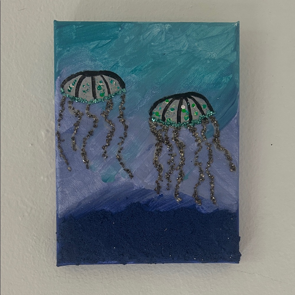 Handmade Teal & Blue Jellyfish Canvas Wall Art
